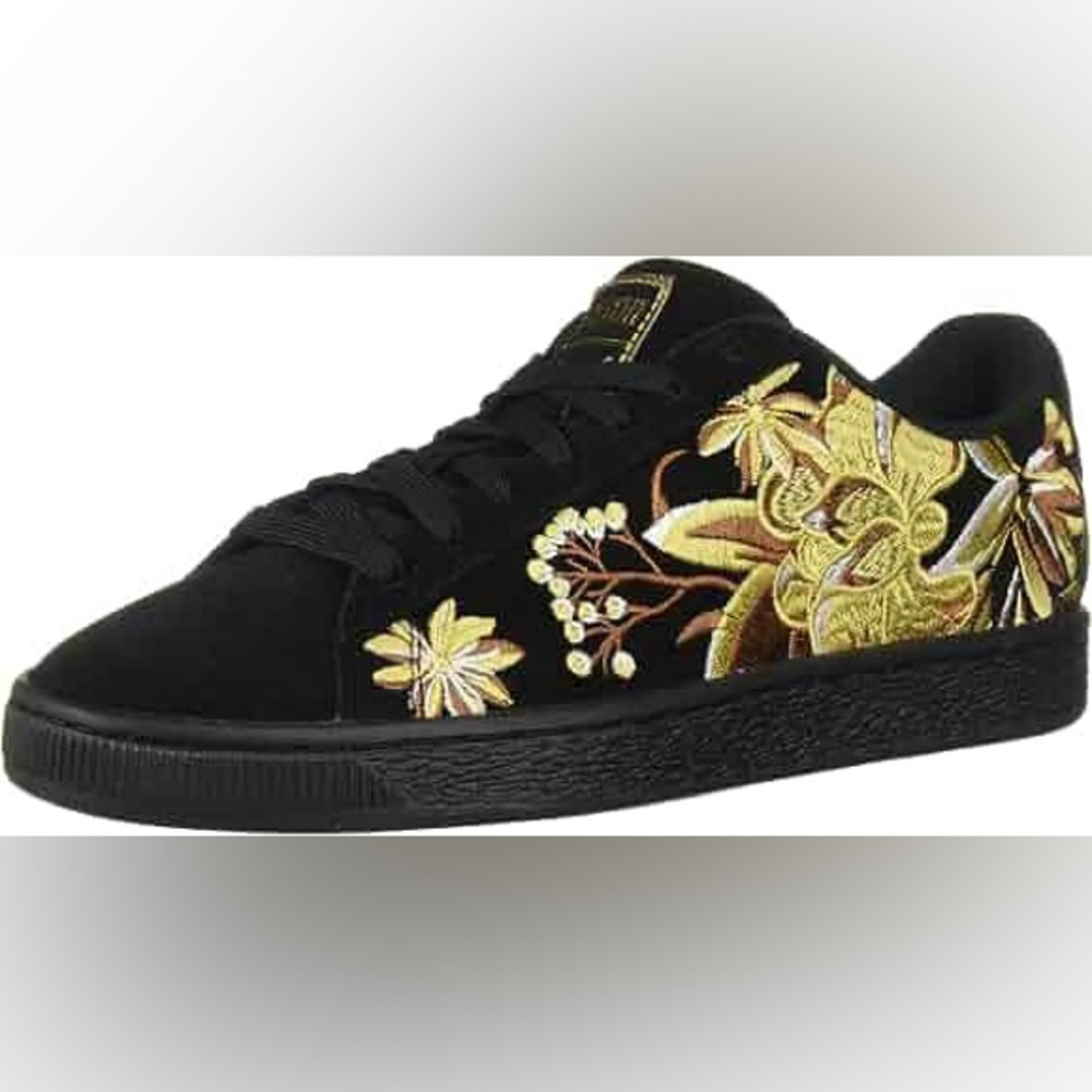 Puma Gold Flower Embroidered Black‎ Suede Sneakers